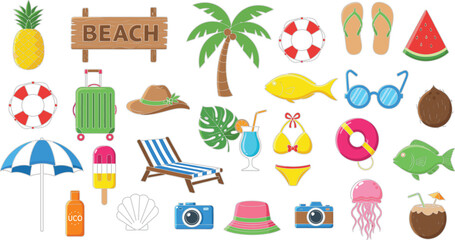 Summer beach vacation icon set vector illustration with tropical elements travel accessories and colorful seaside objects © mdanichur