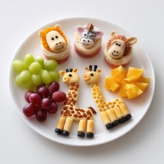 Creative Animal-Themed Snack Plate with Cute Giraffes, Lions, Zebras, and Fresh Fruit for Fun and Healthy Eating