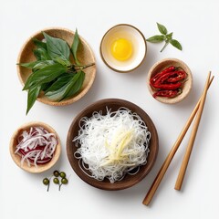 Fresh Ingredients for Asian Cuisine Featuring Herbs, Noodles, Spices, and an Egg on a Minimalist Background