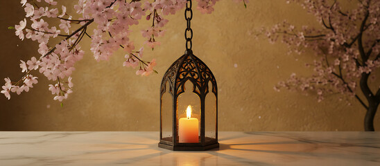 A serene lantern with a candle suspended amidst blooming flowers in a peaceful indoor setting viewed from the front