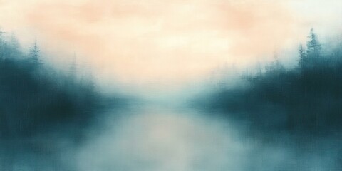 Misty tranquil lake at dawn with blurred evergreen silhouettes, soft peach sky and teal reflections evoking peaceful, dreamy calm