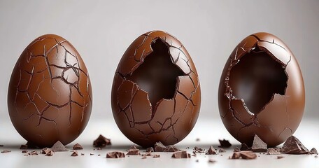 Three cracked chocolate eggs with scattered chocolate shards on a neutral surface, glossy rich shells and broken centers, evoking playful indulgence and sweet anticipation