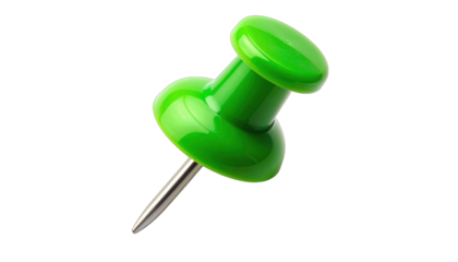 A glossy, vibrant green tack, its metal pin pointed against a black backdrop