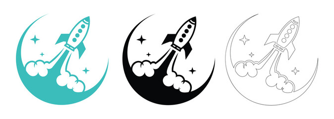 Rocket Launch on Crescent Moon Silhouette and Outline Icon Set Vector Illustration © UIA Design 