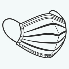 A simple black-and-white line drawing of a disposable surgical face mask, shown from a side angle with pleats visible and ear loops extending out.