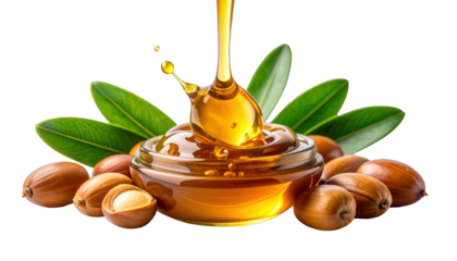 Golden liquid streams into a glass bowl with nuts and green leaves, transparent bg