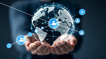 Global network connections visualized in a person's hands, showcasing technology and data exchange in a modern setting from a front viewpoint uyt reference - Powered by Adobe