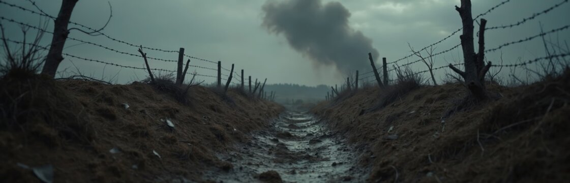 Muddy trench path winds through desolate wartime landscape under overcast sky. Barbed wire fences line terrain, with smoke rising in distance. Gloomy, bleak environment suggests conflict aftermath,