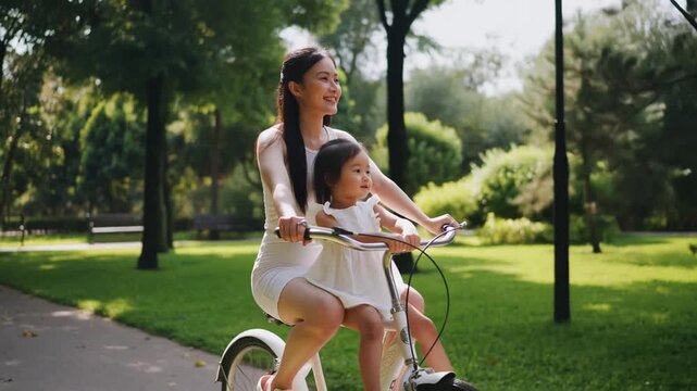 A heartwarming image of a mother and child enjoying a bicycle ride in a park. They are sharing a moment of joy and connection amidst nature Stock Video