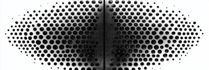 symmetrical black halftone dot pattern on perforated metal panels with a central seam, high-contrast minimalist abstract design evoking a hypnotic rhythmic mood