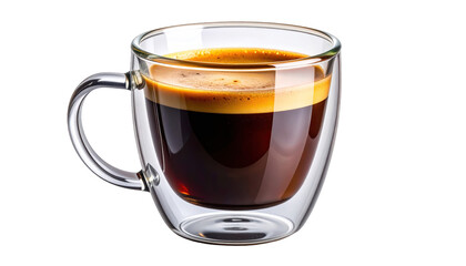 Naklejka premium A clear glass mug holding a freshly brewed dark coffee, with rich crema