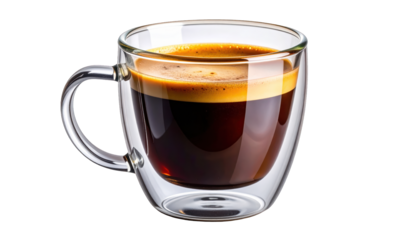 A clear glass mug holding a freshly brewed dark coffee, with rich crema