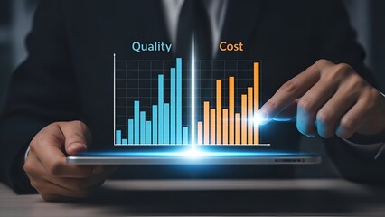 Visualizing the relationship between quality and cost through bar charts on a tablet