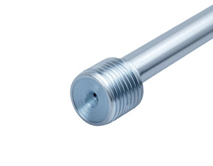 Close-up of a shiny, metallic rod with a threaded end, partially obscured by a black background