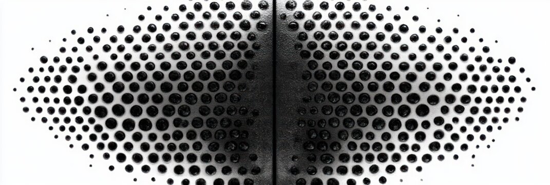 symmetrical black halftone dot pattern on perforated metal panels with a central seam, high-contrast minimalist abstract design evoking a hypnotic rhythmic mood - Powered by Adobe
