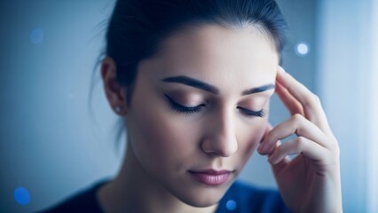 Close-up portrait of a young woman with a thoughtful expression touching her forehead with her hand in a contemplative pose for mental health and beauty themes