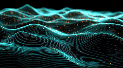 Digital wave network pattern with flowing lines and nodes, symbolizing connectivity, data flow, technology, communication, and futuristic digital networks in an abstract design.