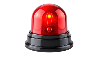 Glowing red dome on a black base, displaying an exclamation mark, isolated on black