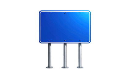 A blue rectangular sign on three metal posts against a black backdrop