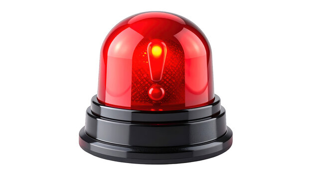 Glowing red dome on a black base, displaying an exclamation mark, isolated on black
