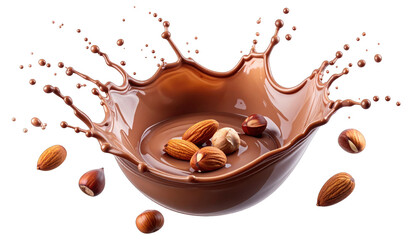 Chocolate splash forms bowl, filled with nuts, against black backdrop