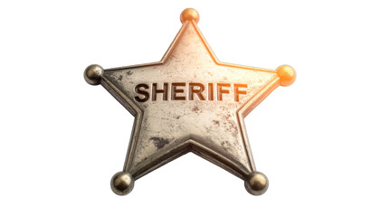 Vintage five-pointed star badge with "SHERIFF" text. Metallic, aged appearance, on black