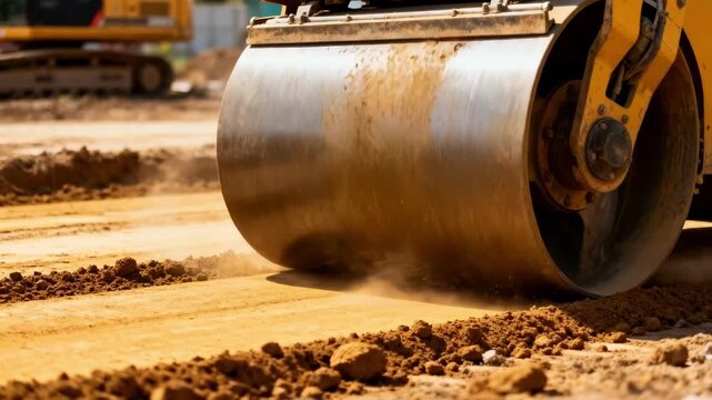 Closeup of a vibratory roller flattening soil on a construction site demonstrating effective soil compaction for enhanced ground stability.