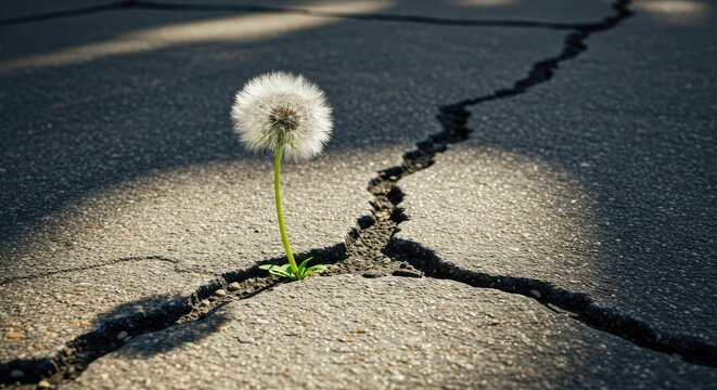 Dandelion flower growing through cracked pavement symbol resilience and hope