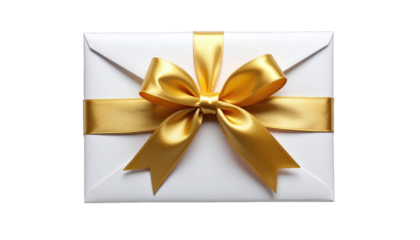 A white rectangular envelope tied with a luxurious golden satin ribbon and bow