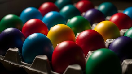 Naklejka premium Vibrant easter eggs in carton on easter sunday morning