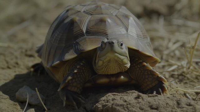A close-up of a tortoise on a sandy surface, with focus on its textured shell and facial details. This image captures the essence of this creature's slow-paced existence Stock Video