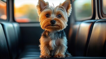 small fluffy dog sitting on black leather car backseat looking curious and alert as warm sunset light filters through vehicle windows