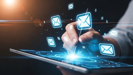 Businessman Hand Interacting with Digital Email Icons on Tablet Screen Showing Modern Communication Technology and Data Connectivity Concept