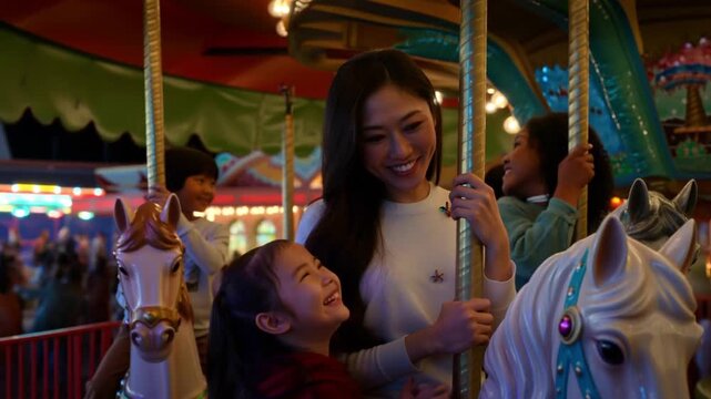 A cheerful moment of a mother and daughter riding a carousel. The carousel has colorful horses and cheerful setting  Stock Video