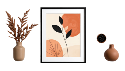 An art piece with muted colors and natural elements. Two vases on either side