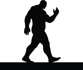 muscular man walking with fist raised on white background
