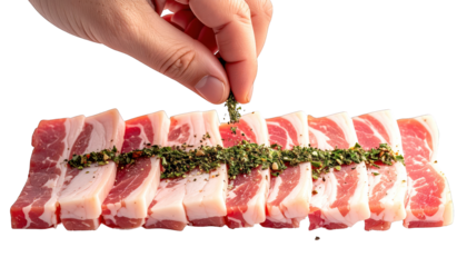 Hand seasoning sliced raw meat. Slices of pork belly being seasoned