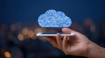 Cloud storage concept with digital circuit cloud above smartphone projecting connectivity and data sharing
