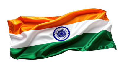 A silken Indian flag ripples against a black backdrop. The Dharma Chakra is central