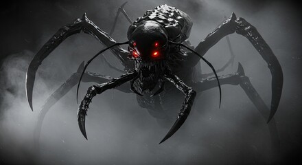 Dark insect creature with glowing red eyes in a foggy environment