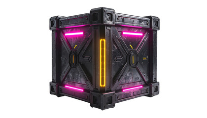 Futuristic metal crate with neon pink and yellow glowing accents against a black background