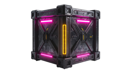 Futuristic metal crate with neon pink and yellow glowing accents against a black background