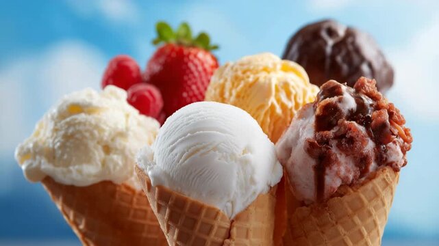 Variety of ice cream cones with fresh berries against a blue sky background