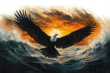 Majestic bald eagle soaring with outstretched wings above turbulent ocean waves beneath a fiery sunset sky, dramatic powerful and triumphant mood