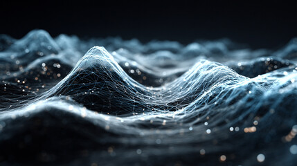 Digital wave network pattern with flowing lines and nodes, symbolizing connectivity, data flow, technology, communication, and futuristic digital networks in an abstract design.