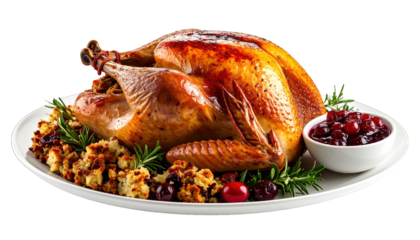 A roasted bird is served on a white plate with stuffing and cranberry sauce