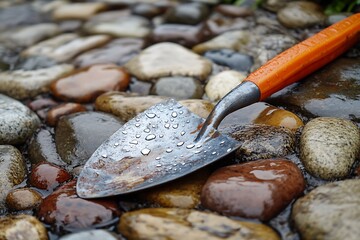 A colorful garden trowel placed neatly on a stone pathway