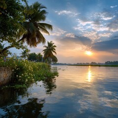 Serene Sunset Over Calm Water with Tropical Palm Trees and Lush Greenery Reflecting Light in Tranquil Atmosphere
