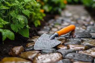 A colorful garden trowel placed neatly on a stone pathway