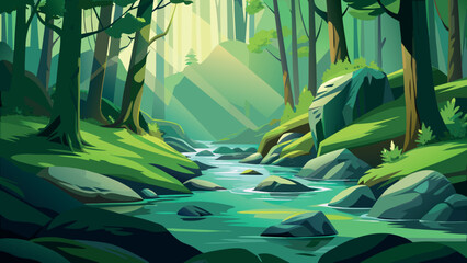 Sun-Drenched Forest Landscape with Winding Stream and Radiant Light Rays © SABIHA